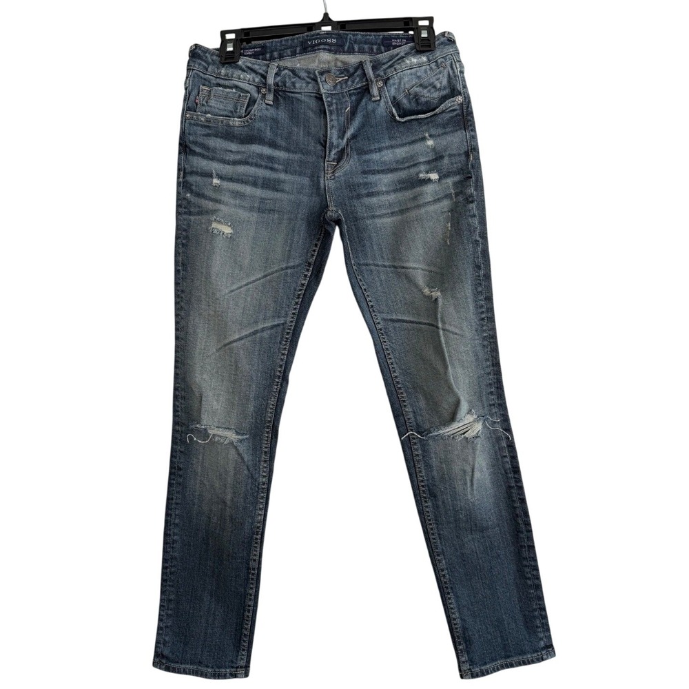 Vigoss The Thompson Tomboy Distressed Slim Jeans Medium Wash Blue Denim 6 28